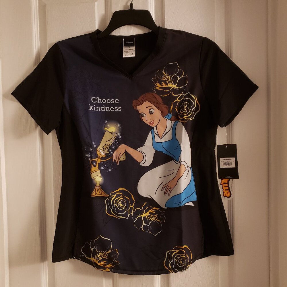 Disney Belle Lumiere Beauty & Beast Choose Kindness Tooniforms Small V-Neck Top